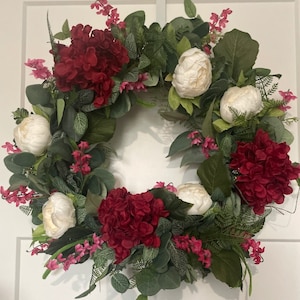 Red Hydrangea White Peony Pink Accent Valentine Spring Hanging Wreath