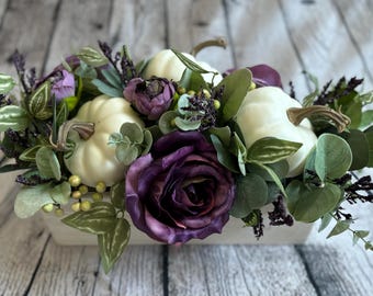Small Medium White Purple Pumpkin Floral Fall Centerpiece in Wood Planter