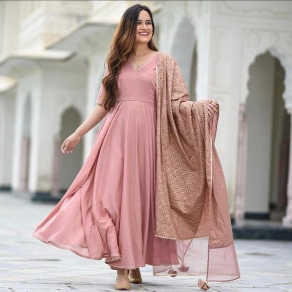 Beautiful Pink Long Faired Kurta With dupatta, Indian Floor Touch Gown 2 Piece Partywear/ Ethnic Dresses' For Women Readymade Stitched
