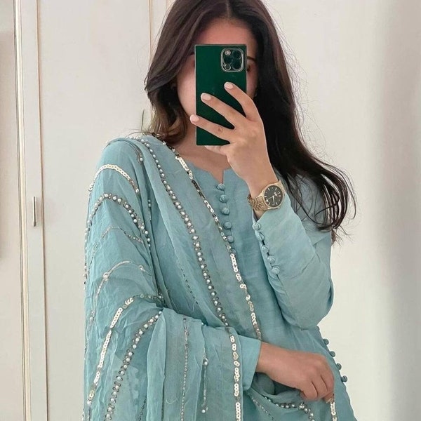 Shalwar Kameez for Weddings, Readymade Dresses for Eid Partywear Blue Kurta with Pent and dupatta Pakistani Designer heavy 3 piece suits