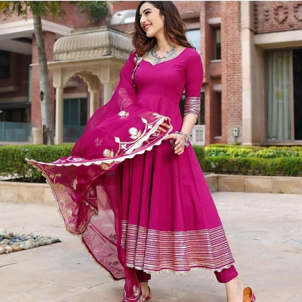 Classy Attractive Anarakli Style Pink Salwar Kameez, Indian Ethnic Rayon Designer Back Palazzo Kurta Kurti Designer Dupatta ,Flared 3 Piece