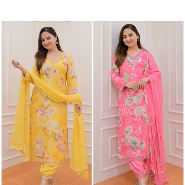 Beautiful Khadi Cotton Embroidery Straight Kurta sets women with Yellow & Pink Kurta Salwar Kameez Readymade Indian clothes Indian 3 Pc Suit