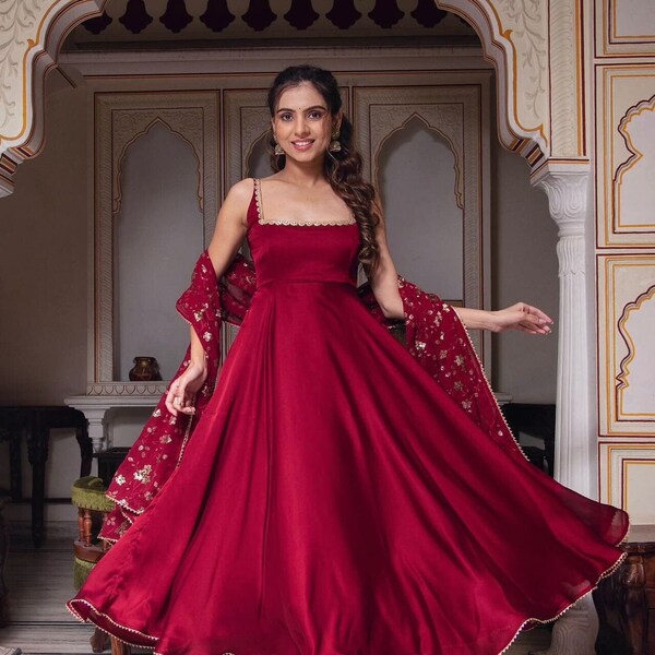 Premium Cherry Red Color Flared style Long Kurta Pant & dupatta Suit, Pakistani Embroidered Dupatta Kurta 3 Pc Stitched Salwar Kameez Women