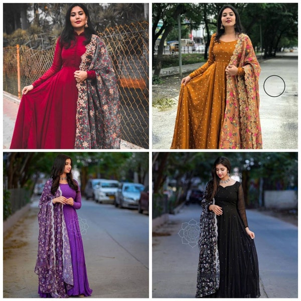 Premium Indian Elegant Brown Color Embroidered Long Flared Gown with Dupatta, Ready To Wear Georgette Floor Touch Anarkali Gown with Dupatta