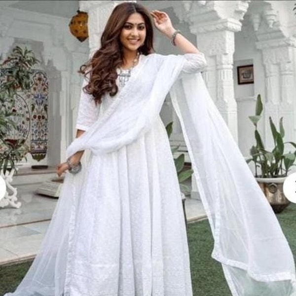 Traditionally Soft Cotton White Color Embroidered Flared Kurta, Ethnic Chikankari Anarkali Suit with Dupatta, UP To 5 XL Stitched Suit