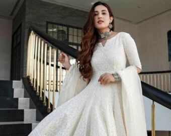 plain white anarkali