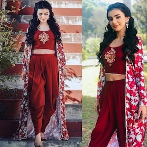 Beautiful Crop Top & Dhoti/ Patiala Dupatta, Ethnic Embroidered Blouse Dhoti Dupatta Set, Readymade 3 Piece Partywear Stitched Set For Women