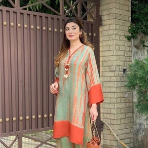 Pakistani Straight Hand Koti Work Kurta Palazzo For Women, Indian Ethnic Casual Pant Kurta Dress, 2 Piece Salwar Kameez Summer Stitched