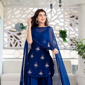 Beautiful Punjabi Style Dhoti Patiala With Dupatta For Women, Readymade Embroidered Blue Colour Salwar Kameez 3 Piece Ready To wear Suit