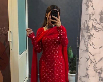 Bollywood Red Designer Pakistani Salwar Kameez Heavy Dupatta Palazzo Kurta Set Readymade Indian  Mirror Work Red Suit Ethnic Top Tunic Combo