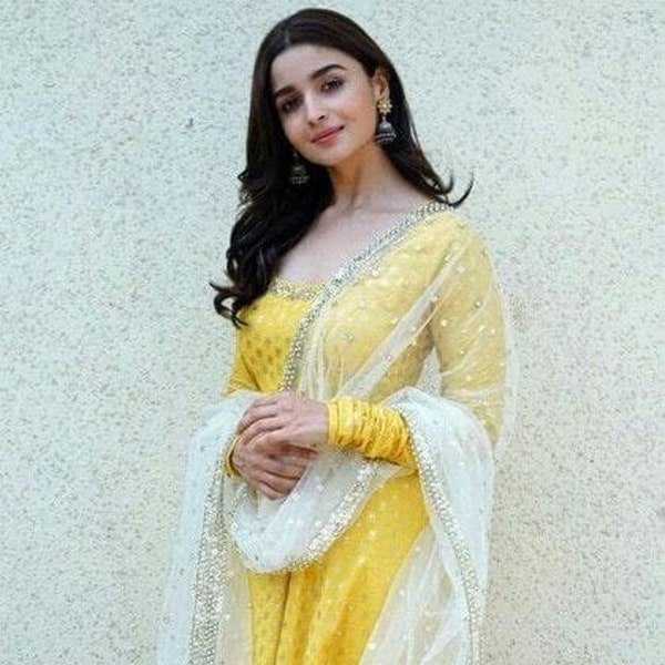 Belle robe longue kurta jaune avec dupatta pour femme et fille, impression dorée Salwar Kameez, robe en rayonne épaisse prête à l'emploi 2 pièces