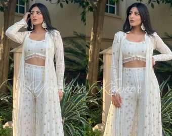 Bollywood Inspired Women Crop Top Set With Palazzo Pakistani Embroidered Shrug Sharara Suit, Indian White Lucknavi Salwar Kameez Readymade