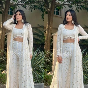 Bollywood Inspired Women Crop Top Set With Palazzo Pakistani Embroidered Shrug Sharara Suit, Indian White Lucknavi Salwar Kameez Readymade