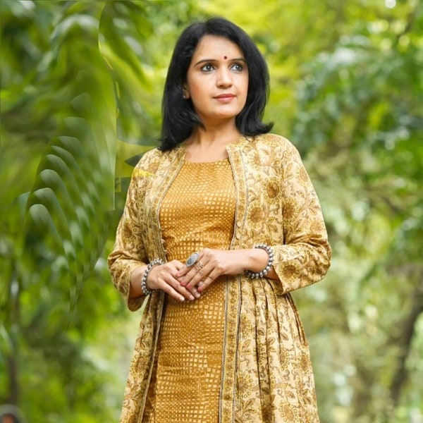 Indian Elegant Straight Jaipuri Block Printed Kurta Pant & Shrug Set, South Cotton Yellow Color Salwar Kameez Ready To Wear 3 Piece Stitched