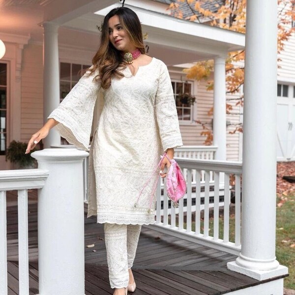 Pakistani Beautiful Chikankari Kurta With Pant Combo, Ethnic Embroidered Partywear / Casual Wear 2 Piece Set, Salwar Kameez Stitched Indian