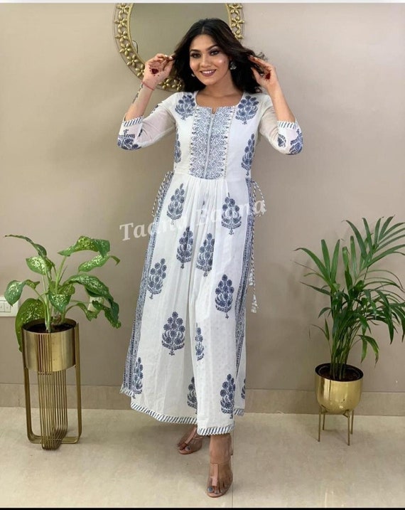 Cotton Palazzo Kurta Set White Floral Kurti Pant Set Stitched
