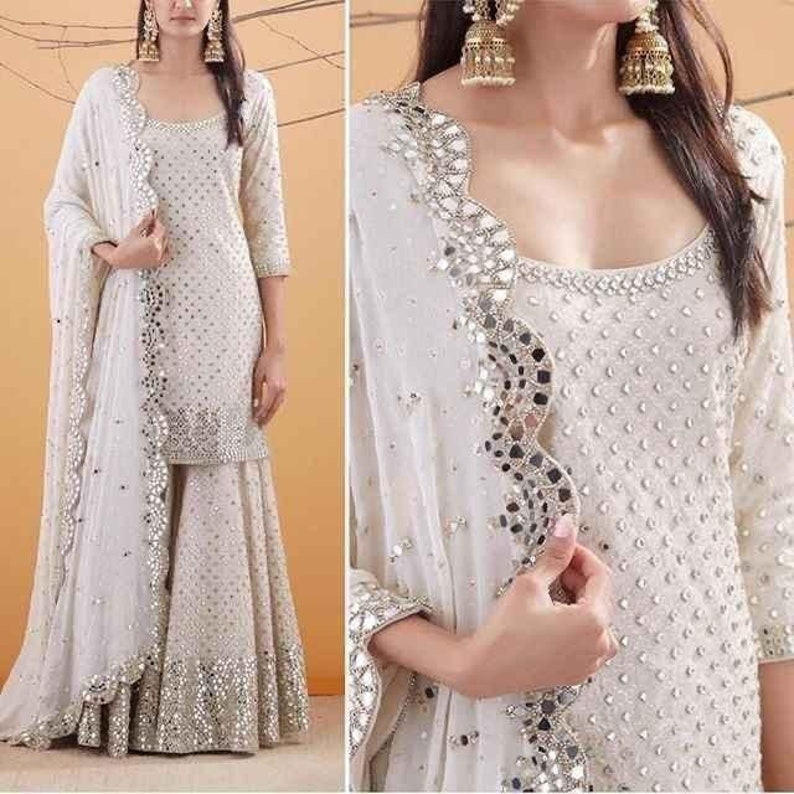 Pakistani Embroidered Salwar Kameez Indian Ethnic Mirror Work Etsy