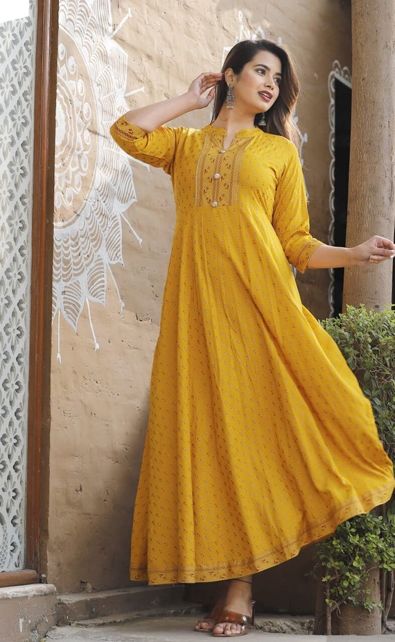 Pakistani Yellow Color Printed Long Kurta Readymade Indian Etsy