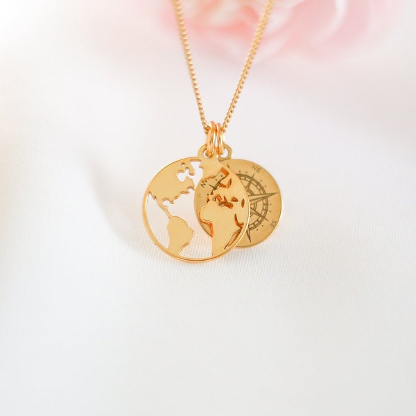World Map & Compass Necklace, Travel Gift For Her, 925 Sterling Silver, 24ct Gold Vermeil