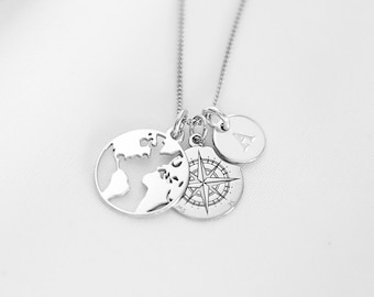 World Map & Compass Necklace, World Map Pendant Necklace Gift, Compass Necklace, Travel Gift For Her, 925 Sterling Silver, 24ct Gold Vermeil