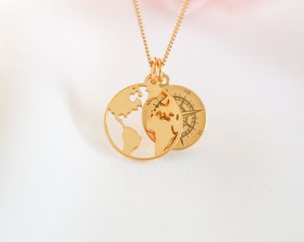 World Map & Compass Necklace, Travel Gift For Her, 925 Sterling Silver, 24ct Gold Vermeil