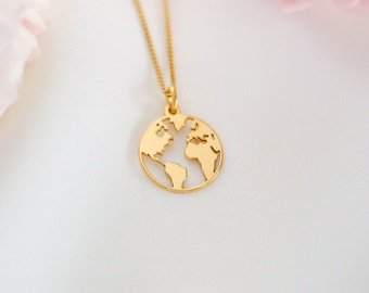 World Map Necklace, World Map Pendant Necklace Gift, Travel Gift For Her,  925 Sterling Silver, 24ct Gold Vermeil