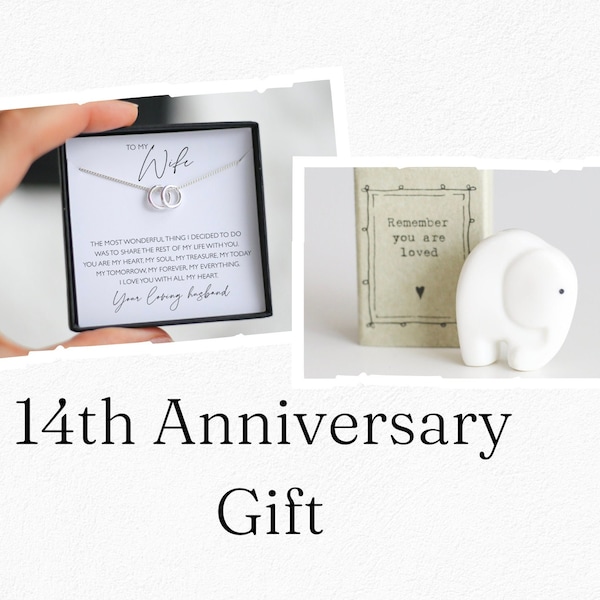 14th Anniversary Gift For Wife, 14 Rings Necklace + Elephant Porcelain Gift, Gift Idea for 14th Anniversary - Ivory Year Gift
