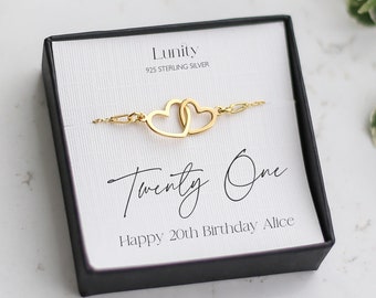 21st Birthday Gift, Two Interlocking Hearts Bracelet Sterling Silver, 21st Birthday Jewelry Girl