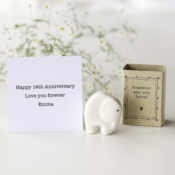 Porcelain Elephant Matchbox Gift - 14th Wedding Anniversary Gift, Pick Me Up Gift, Thinking Of You Gift, Pocket Hug, Hug In a Box