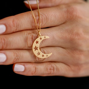 Crescent Moon & Stars Necklace, Sterling Silver, Half Moon And Stars Pendant, Celestial Layering Necklace, Gift For Her