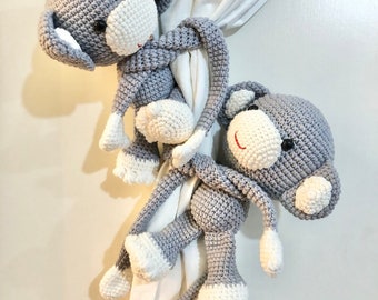 Monkey Curtain Tieback, Crochet Monkeys with long arms, Crochet monkey Tiebacks, Crochet Curtain Tiebacks, Forest Safari Nursery Decoration