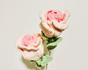 May include: Two handmade crochet roses with pink and light pink petals, green leaves, and stems. The flowers are held against a white background. The crochet work is detailed, creating a textured appearance.