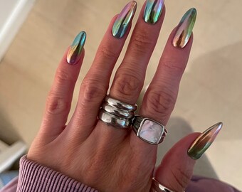 Rainbow chrome press on nails in long almond handmade press on nail set /press on nails/press ons/mothers day gifts/gifts for her