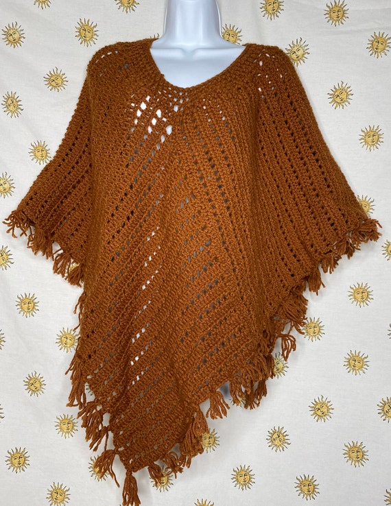 1970s brown hand knit fringe poncho
