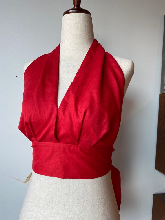 1970s deadstock red cotton halter top - image 1