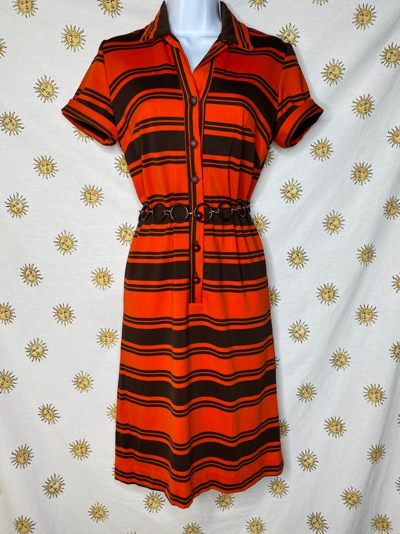 1970s pumpkin orange and brown button down mini d… - image 2