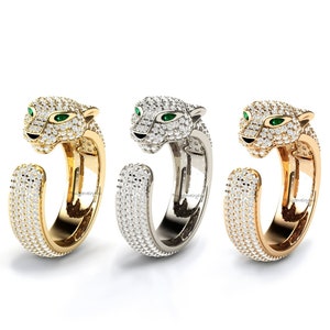 Anillo de pantera de oro, anillo de pantera de diamantes, anillo de pantera de oro rosa, anillo de leopardo para mujer, anillo de jaguar, anillo de oro rosa de 14 k, anillo de oro amarillo de 18 k
