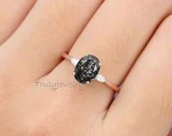 Oval Black Rutilated Quartz Engagement Ring: Rose Gold Art Deco Moissanite