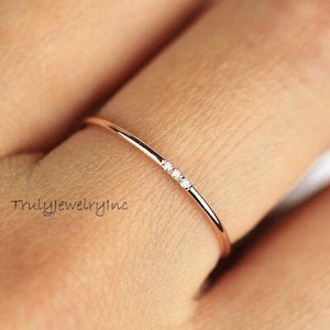 14k Gold Three Stone Ring: Thin CZ Diamond Band