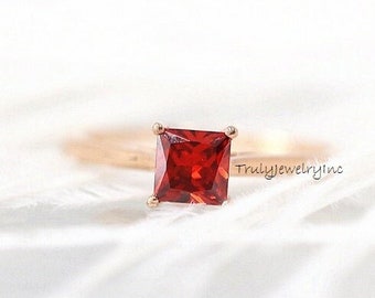 Princess Cut Granat Ring: 925 Sterling Silber Januar Geburtsstein