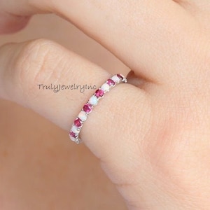 Opal Ruby Sterling Silver Wedding Band: Half Eternity Stacking Ring