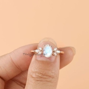 Oval Moonstone Engagement Ring: Marquise CZ Cluster, Rose Gold, Sterling Silver