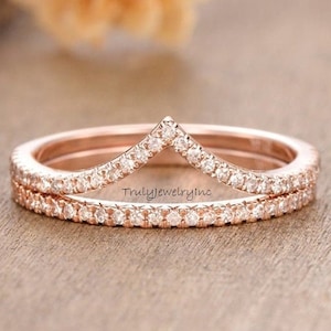 Wedding Band Set Rose Gold Women Diamond V Band Curved Chevron Matching Band Promise Anniversary Ring Stacking Bridal Delicate Dainty 2 pcs