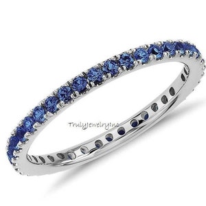 14k white gold french cut blue sapphire eternity ring, natural sapphire eternity band, wedding band, matching engagement ring,round cut band