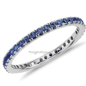 14k white gold french cut blue sapphire eternity ring, natural sapphire eternity band, wedding band, matching engagement ring,round cut band