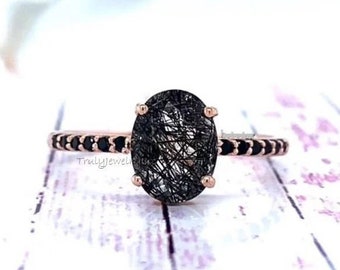 Art Deco Rose Gold Black Rutilated Quartz Ring: Sterling Silver Moissanite