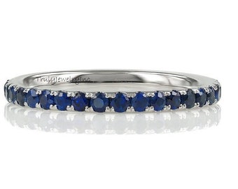 Blue Sapphire Ring, 2mm Full Eternity Band, 18K Gold Ring, Alternative Wedding Band, Pave Sapphire Band Ring, September Blue Birthstone Ring