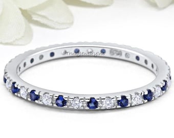 Diamond Blue Sapphire Full Eternity Band Alternating Sapphire Diamond Pave Infinity Ring 2 mm Anniversary Band April September Birth Stack