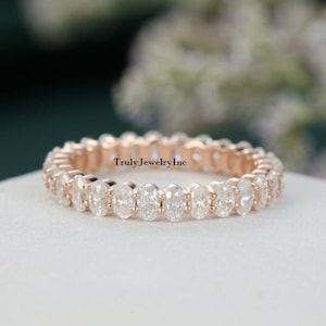 Unique Moissanite wedding band women Oval cut Full eternity band Rose gold wedding band vintage Stacking Matching bridal ring promise ring