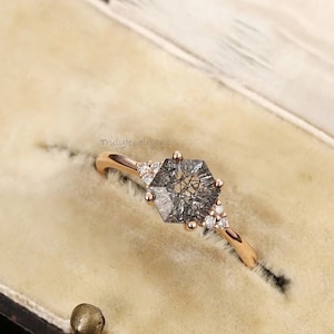 Black Rutilated Quartz Hexagon Ring: Rose Gold Art Deco Promise Ring